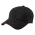 A black cap with a red accent along the brim and a logo detailing on the front.