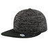 A cap featuring a textured black and grey design, with a flat brim and branding on the side.