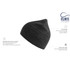 A black beanie made from recycled polyester, featuring reflective yarn for a stylish effect and a logo present.