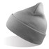 A grey beanie made from recycled polyester, featuring a ribbed design and a pointed top. It has a logo on the side.