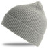 A grey beanie with a ribbed texture and a pointed top. Features a logo on the side.