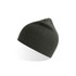 A dark green beanie with a smooth texture and pointed top, featuring a small logo.