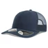 A navy trucker cap featuring a solid front panel and mesh back, with a branded logo on the side.