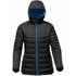 A women's thermal jacket in black with a blue interior and a hood, featuring a zip front and quilted design.