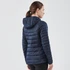 A women's thermal jacket in navy, featuring a hood and a quilted design, viewed from the back.