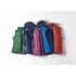 A collection of thermal jackets in green, navy, purple, black, and red, featuring hoods and various styles. Each jacket has a logo.