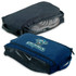 A platform shoe carrier in black and navy, featuring mesh panels and branding. Ideal for transporting shoes.
