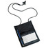 A black neck wallet featuring a transparent pouch, a pen, and an adjustable cord for easy carry.
