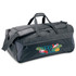 A black wheeled duffle bag with a shoulder strap and a logo, featuring tropical-themed graphics.