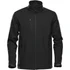 A black softshell jacket with a zippered chest pocket and two side pockets, featuring a collar and a logo.