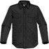A black diamond quilted men's jacket with a button-up front and two chest pockets. Features a logo on the collar.