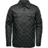 A men's quilted jacket in dark green, featuring a button-up front and chest pockets, with a logo.