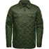 A quilted jacket in dark green with a collared neckline and two chest pockets, featuring a logo.