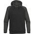 A black and green men's hoody with a front pocket and a drawstring hood, featuring raglan sleeves and a logo.