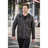 A man wearing a charcoal grey zip-up fleece hoody with a hood, walking in an urban setting.