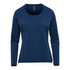 A long-sleeve women's performance tee in navy blue with a round neckline and a logo.