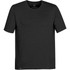 A black short-sleeve men's T-shirt featuring a round neckline and a logo on the bottom hem.
