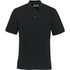 A black polo shirt featuring a collar, short sleeves, and a logo on the chest. Made from stretch pique fabric.