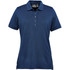 A navy blue women's polo shirt featuring a collar, buttons, and short sleeves, with a logo on the chest.