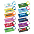 A selection of colourful PVC luggage tags in various designs and shapes, featuring different branding and logos.