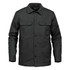 A Men's Tradesmith Jacket in black, featuring a button-up front and two chest pockets. Includes a logo on the chest.