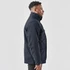A men's navy jacket featuring a high collar and side pockets, with a visible logo.