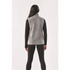 A grey women's Sherpa fleece vest with a high collar, featuring a logo, viewed from the back.
