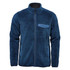 A navy blue men's polar fleece jacket with a zip front and a chest pocket, featuring a logo.