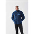 A navy blue men's Bergen Sherpa fleece jacket with a zip front and a pocket. The model is standing with hands in pockets.