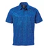 A blue geometric patterned polo shirt featuring a collar and short sleeves, with a branding logo.