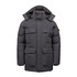 Men's Denali Parka in dark grey, featuring multiple pockets and a hood. The jacket has a logo on one sleeve.