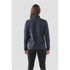 A navy women's 1/4 zip pullover with a high collar and a fitted design, featuring a logo on the sleeve.