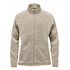 A women's polar fleece jacket in beige with a full zip and stand collar, featuring side pockets and a logo.