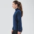 A navy women's fleece jumper with a quarter zip and a side pocket, featuring a fitted silhouette and long sleeves.