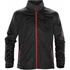 A black jacket with a red zipper and trim, featuring long sleeves and side pockets. It has a logo on the front.