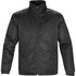 A black thermal jacket with a high collar, featuring zip pockets and a logo. Suitable for various outdoor activities.