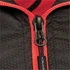 A close-up of a zip on a black thermal jacket featuring red accents and a logo.
