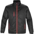 A black thermal jacket with a red zipper and accents, featuring zippered pockets and a collar. It has a logo.