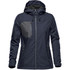 A women's rain jacket in navy blue with a hood and zippered pockets, featuring a logo.