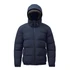 A navy thermal jacket with a hood, featuring a zip closure and padded design. The jacket has a logo on it.