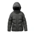A women's thermal jacket in dark green with a hood, featuring a puffy design and front button closure.