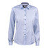 A light blue button-up women's shirt with dark buttons and a checked pattern inside the collar. It features a logo.