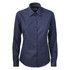 A women's button-up shirt in navy blue with a collar and long sleeves, featuring buttons down the front and a logo.