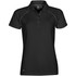 A black women's polo shirt featuring a collared neckline and a logo. The shirt has a fitted silhouette and contrasting detailing.
