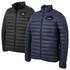 A black and navy puffer jacket featuring a logo on the front, designed for warmth and comfort.