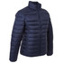 A navy puffer jacket with a zip front and high collar, featuring a branding logo on the design.