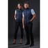 Two models wearing navy blue puffer vests, standing side by side against a dark background. The vests have a zip closure and a sleek design.