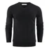 A black men's v-neck sweater with long sleeves, featuring a logo on the label.