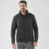 A men's Soho jacket in black, featuring a collared design and a button front, worn by a model.