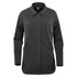 A women's jacket in black with a collared neckline and side pockets, featuring a branding logo.